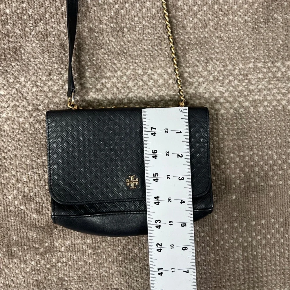 Tory‎ Burch Black Embossed Leather Crossbody Bag Gold Chain Strap Women